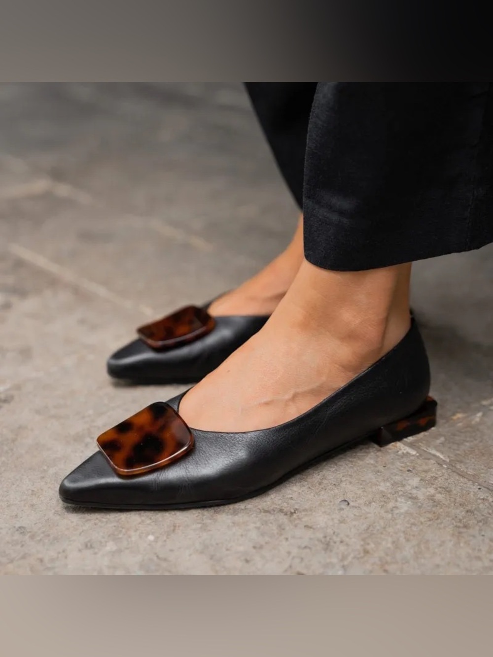 Anna Palma Pointed Leather Ballet Flats with Tortoiseshell Accent